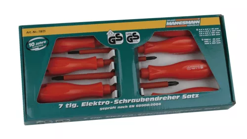 Mannesmann VDE szigetelt csavarhúzó készlet 1000 V, PH0–PH2 és 2,5–6,5 mm, mágneses heggyel, 7 részes (M11875)