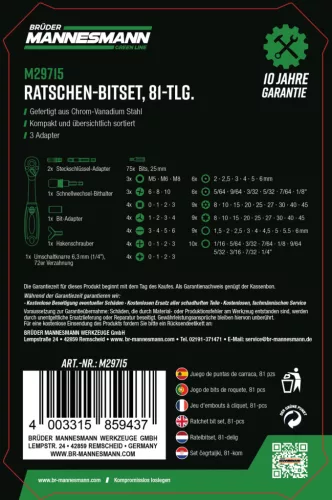 Mannesmann Bitkészlet racsnis hajtószárral, 81 részes, 1/4”, műanyag kazettában (M29715)