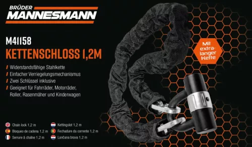 Mannesmann Kerékpárzár és motorzár textilborítású acéllánccal, 1,2 méter, 2 kulccsal (M41158)
