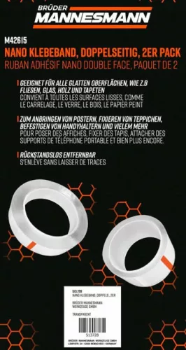 Mannesmann Kétoldalas nano ragasztószalag 2 részes, sima felületekre (M42615)
