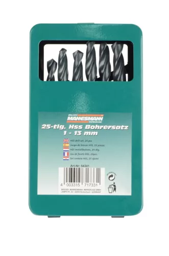 Mannesmann HSS spirálfúró készlet fémhez, fához és műanyaghoz, 1–13 mm, 25 részes (M54341)