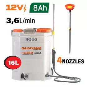   NAKAYAMA Akkumulátoros háti permetező 16 l, 12 V / 8 Ah, rozsdamentes teleszkópos permetezőszárral (NS1619)