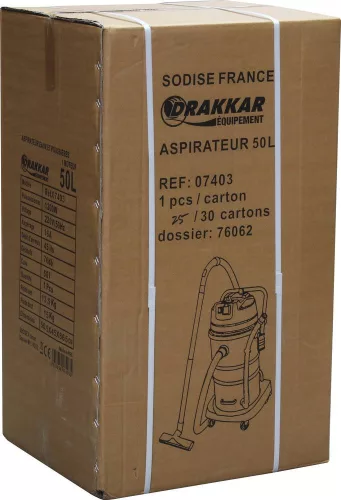 DRAKKAR száraz-nedves porszívó billenthető rozsdamentes tartállyal és gépcsatlakozóval, 50 l, 1200 W (07403)