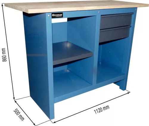 DRAKKAR fa munkalapos munkapad 2 fiókkal és 3 polccal, 1120 × 500 mm, 500 kg (09057)
