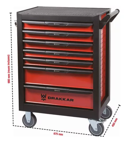 DRAKKAR 7 fiókos szerszámkocsi, piros/fekete, 675x450x980 mm (09140)