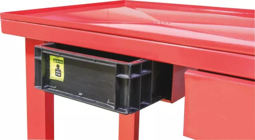 DRAKKAR mobil fém munkapad fiókokkal és olajgyűjtő tálcával, 1200 × 640 mm, 150 kg (09276)
