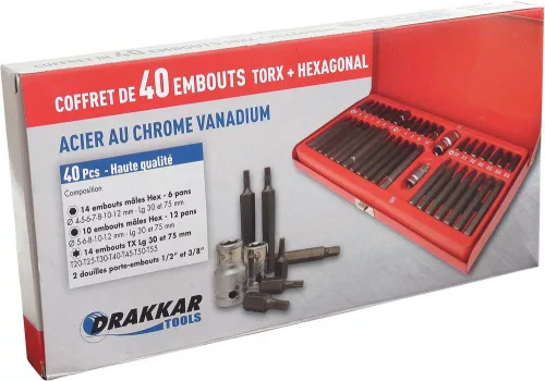 DRAKKAR 10 mm bitszerszámkészlet XZN/imbusz/Torx fejekkel fémdobozban, 40 db (10751)
