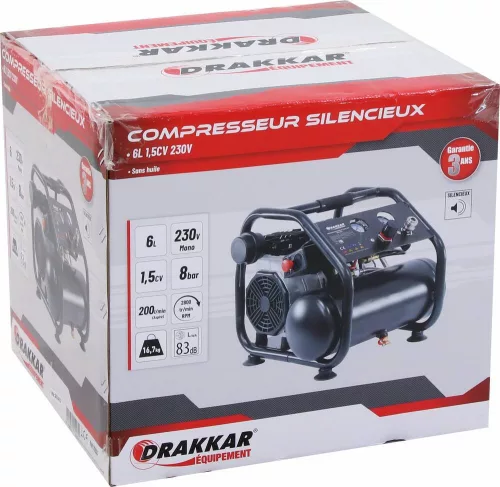 DRAKKAR csendes olajmentes kompresszor, 6 l, 8 bar, 1,5 LE, 230 V (11203)