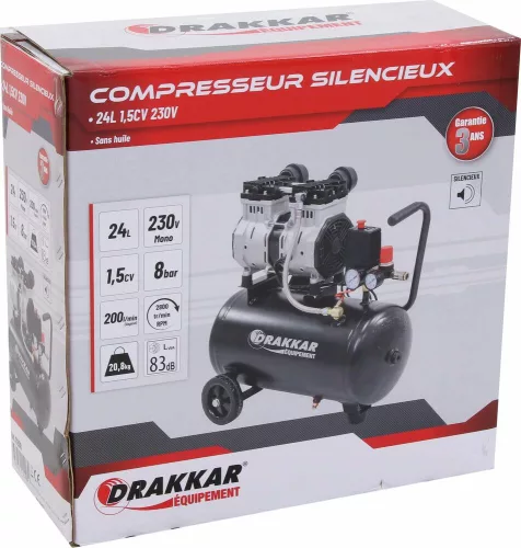DRAKKAR csendes olajmentes kompresszor, 24 l, 8 bar, 1,5 LE, 230 V (11208)