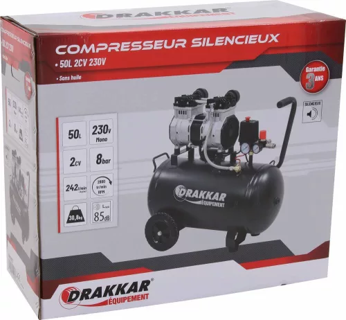 DRAKKAR csendes olajmentes kompresszor, 50 l, 8 bar, 2 LE, 230 V (11213)