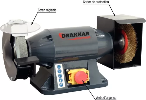 DRAKKAR asztali köszörű köszörűkoronggal és kefével, Ø150 mm, 230 V, 520 W (15526)