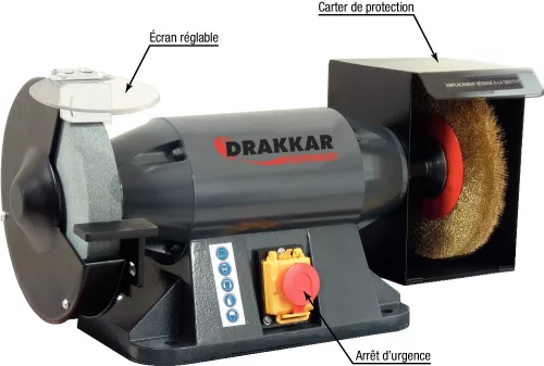 DRAKKAR asztali köszörű köszörűkoronggal és kefével, Ø200 mm, 230 V, 900 W (15527)