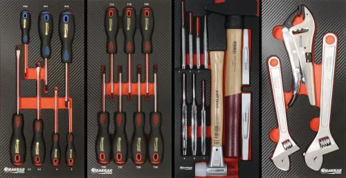 DRAKKAR XXL 7 fiókos szerszámkocsi 220 szerszámmal, karbonmintás betétek (25100)