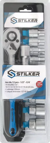 STILKER racsnis dugókulcskészlet, 45 fog, 1/2 col, 10–24 mm, 12 db (67597)