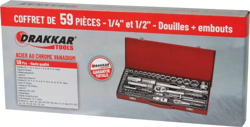 DRAKKAR dugókulcskészlet, 1/4 col / 1/2 col, 59 db (67686)