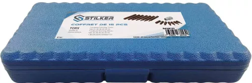 STILKER Torx bitkészlet 1/2 col adapterrel PVC dobozban, 10 mm szár, T20–T55, 15 db (68153)