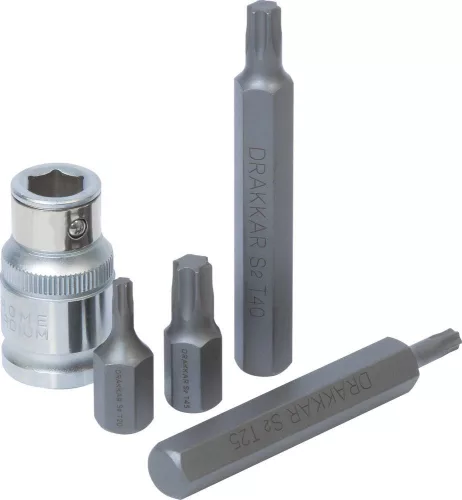 DRAKKAR Torx bitkészlet 1/2 col adapterrel fémdobozban, 10 mm szár, T20–T55, 15 db (68155)