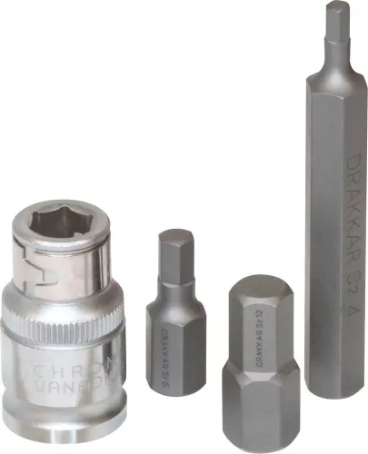 DRAKKAR imbuszbit-készlet 1/2 col adapterrel fémdobozban, 10 mm szár, 4–12 mm, 15 db (68164)