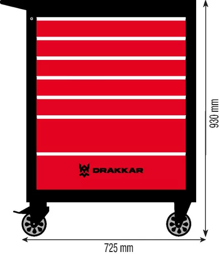 DRAKKAR 7 fiókos szerszámkocsi, piros/fekete, 725x465x930 mm (72525)