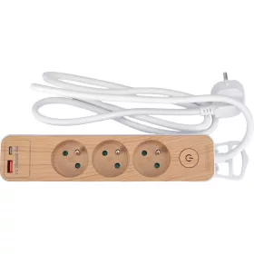   STHOR Konnektor elosztó fa hatású burkolattal, 3 földelt aljzattal, USB gyorstöltéssel, 1,4 méter kábellel (72343)