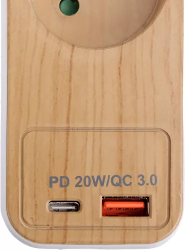 STHOR Konnektor elosztó fa hatású burkolattal, 3 földelt aljzattal, USB gyorstöltéssel, 1,4 méter kábellel (72343)