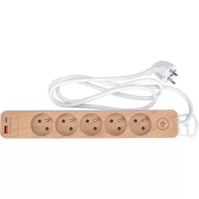   STHOR Konnektor elosztó fa hatású burkolattal, 5 földelt aljzattal, USB-töltéssel, 1,4 méter kábellel (72344)