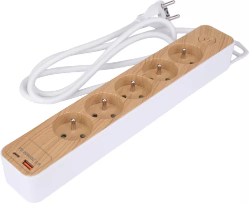 STHOR Konnektor elosztó fa hatású burkolattal, 5 földelt aljzattal, USB-töltéssel, 1,4 méter kábellel (72344)