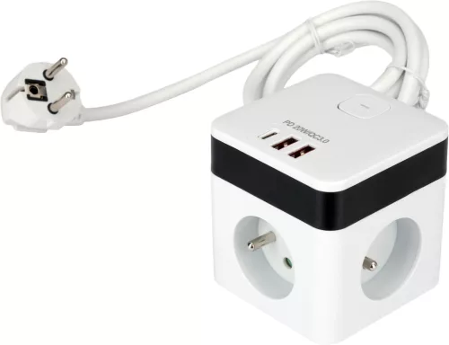 STHOR Konnektor elosztó kocka 3 földelt aljzattal, 20 W USB gyorstöltéssel, 1,5 m kábellel (72480)