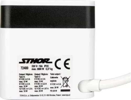 STHOR Konnektor elosztó kocka 3 földelt aljzattal, 20 W USB gyorstöltéssel, 1,5 m kábellel (72480)