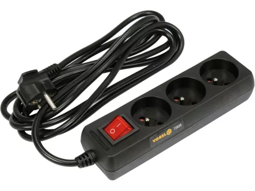 VOREL Elektromos hosszabbító 3-as elosztó kapcsolóval, fekete (3 m) (72626)