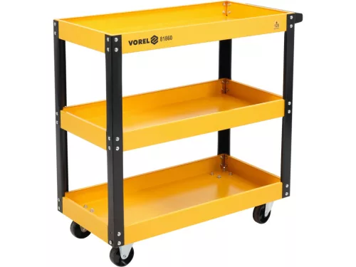 VOREL Műhelykocsi kerekekkel,  3 polccal, 120 kg teherbírás, 775 × 760 × 355 mm, porszórt acél (81860)