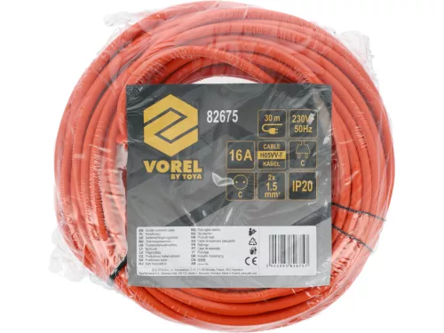 VOREL Hálózati hosszabbító 30 méter, 1 aljzat, H05VV-F 2 × 1,5 mm², 1380 W, IP20 (82675)