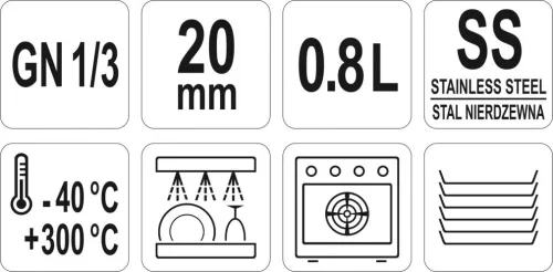 YATO Tálca rozsdamentes acél, GN1 / 3, 20mm, 0,8 literes, (YG-00270)