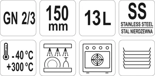YATO Tálca rozsdamentes acél, GN2 / 3, 150, 13L (YG-00304)