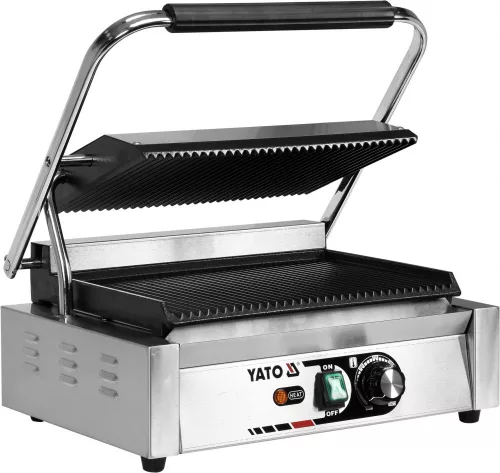 YATO Elektromos bordázott panini kontaktgrill öntöttvas sütőlapokkal, 2200 W, 50–300 °C (YG-04557)