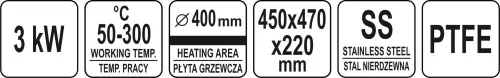 YATO Elektromos palacsintasütő tapadásmentes 400 mm-es sütőlappal, 3000 W, 50–300 °C