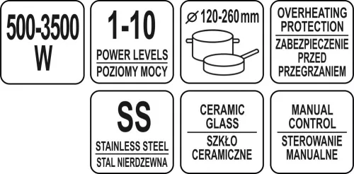 YATO Elektromos indukciós főzőlap kézi teljesítményszabályozással, 3500 W, 500–3500 W (YG-04700)