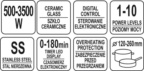 YATO Elektromos indukciós főzőlap elektronikus vezérléssel, 3500 W, 60–240 °C (YG-04701)