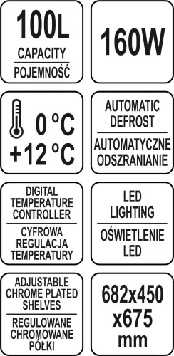 YATO Pultra helyezhető süteményhűtő vitrin 100 l, 0–12 °C, ívelt üveggel (YG-05022)