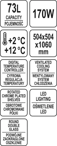 YATO Forgópolcos süteményhűtő vitrin 73 l, +2–+12 °C, 4 polccal, fekete (YG-05090)