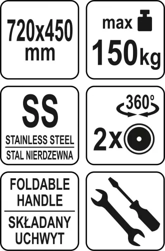 YATO Összecsukható rozsdamentes gasztro szállítókocsi, 150 kg, 740 × 440 × 850 mm (YG-09080)