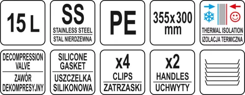 YATO Catering ételszállító termosz rozsdamentes acél tartállyal, 15 l, 335 × 300 mm (YG-09225)