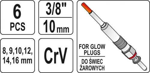 YATO Csuklós izzítógyertya-dugókulcs készlet 3/8”, 8–16 mm, 6 részes (YT-05339)