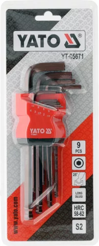 YATO Imbuszkulcs készlet gömbfejű, hosszú szárú kulcsokkal, 1,5–10 mm, S2 acél, 9 részes (YT-05671)