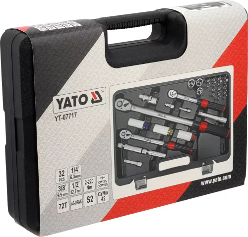 YATO Nyomatékkulcs készlet 1/4”, 3/8” és 1/2”, 2–220 Nm, 32 részes, ±3% pontosság (YT-07717)