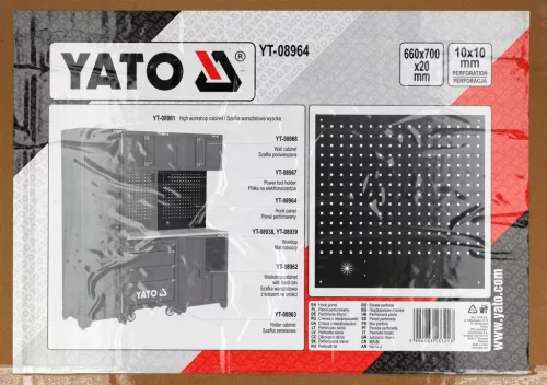 YATO Perforált szerszámtartó panel 660 × 700 mm, acél, 10 × 10 mm perforációval, kábelátvezetővel (YT-08964)