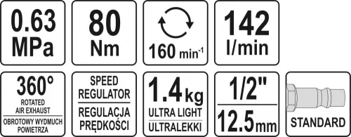 YATO Pneumatikus racsnis kulcs könnyített 1/2 col 80Nm (YT-09803)