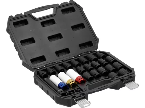 YATO Gépi dugókulcs készlet pneumatikus ütvecsavarozóhoz 1/2”, 10–24 mm, Torx és kerékcsavar dugókulcsokkal, 24 részes (YT-10569)
