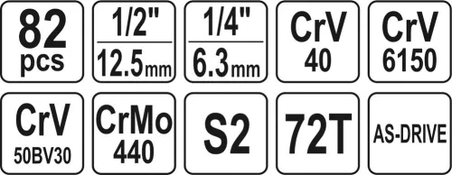 YATO Dugókulcs és bit készlet 82 részes, 1/4” és 1/2”, 72 fogas racsnival (YT-12691)