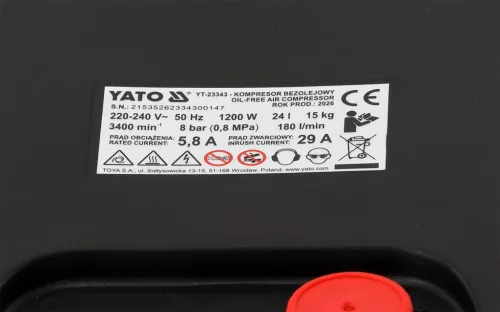 YATO Kompresszor olajmentes, 24 l, 1200 W, 8 bar, 180 l/perc (YT-23343)